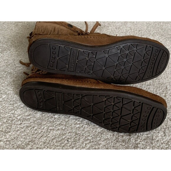 MINNETONKA Moccasins Ankle High Top Fringe Boots Brown Suede Size 7 Back Zip - Picture 6 of 11
